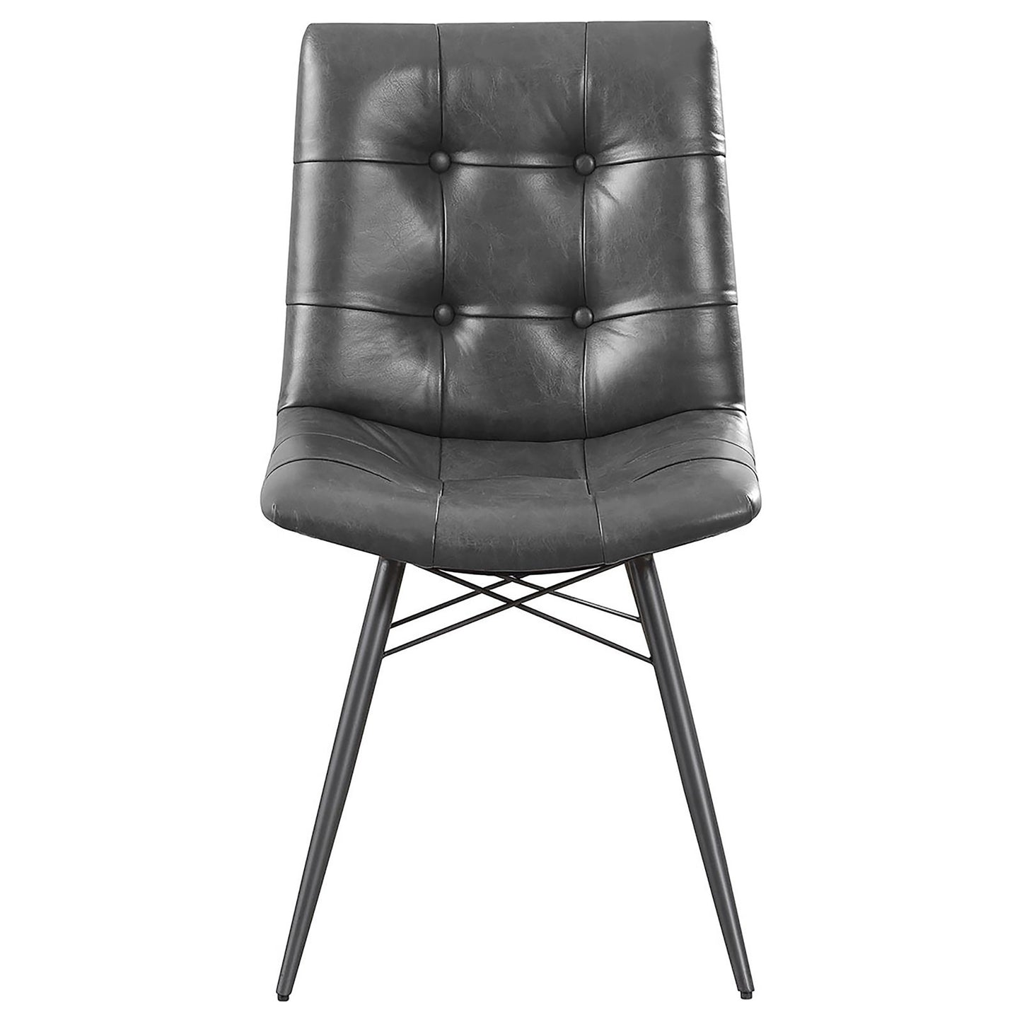 Dark grey faux leather dining chair with button tufting and black metal legs