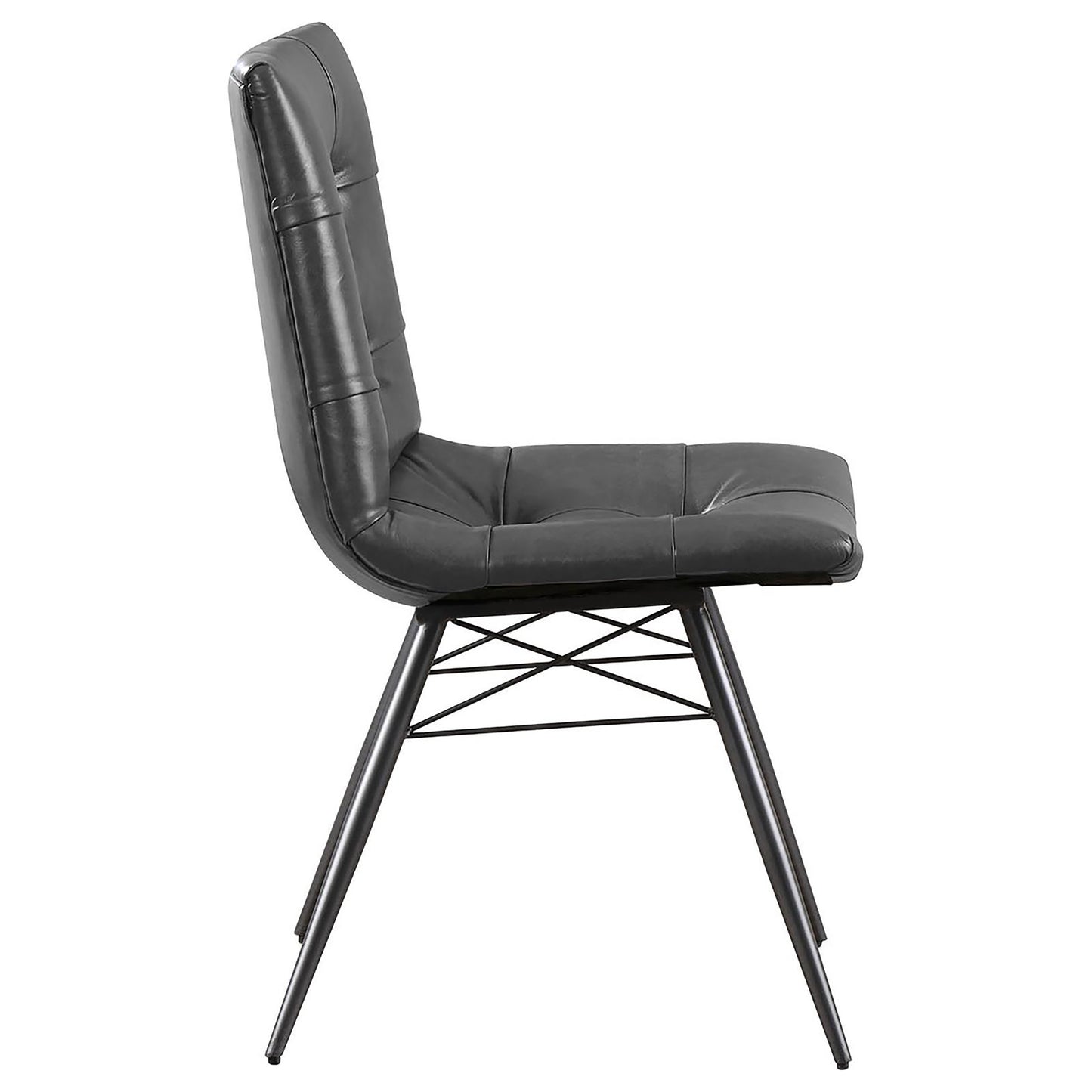 Side view of tufted grey faux leather dining chair with black metal legs