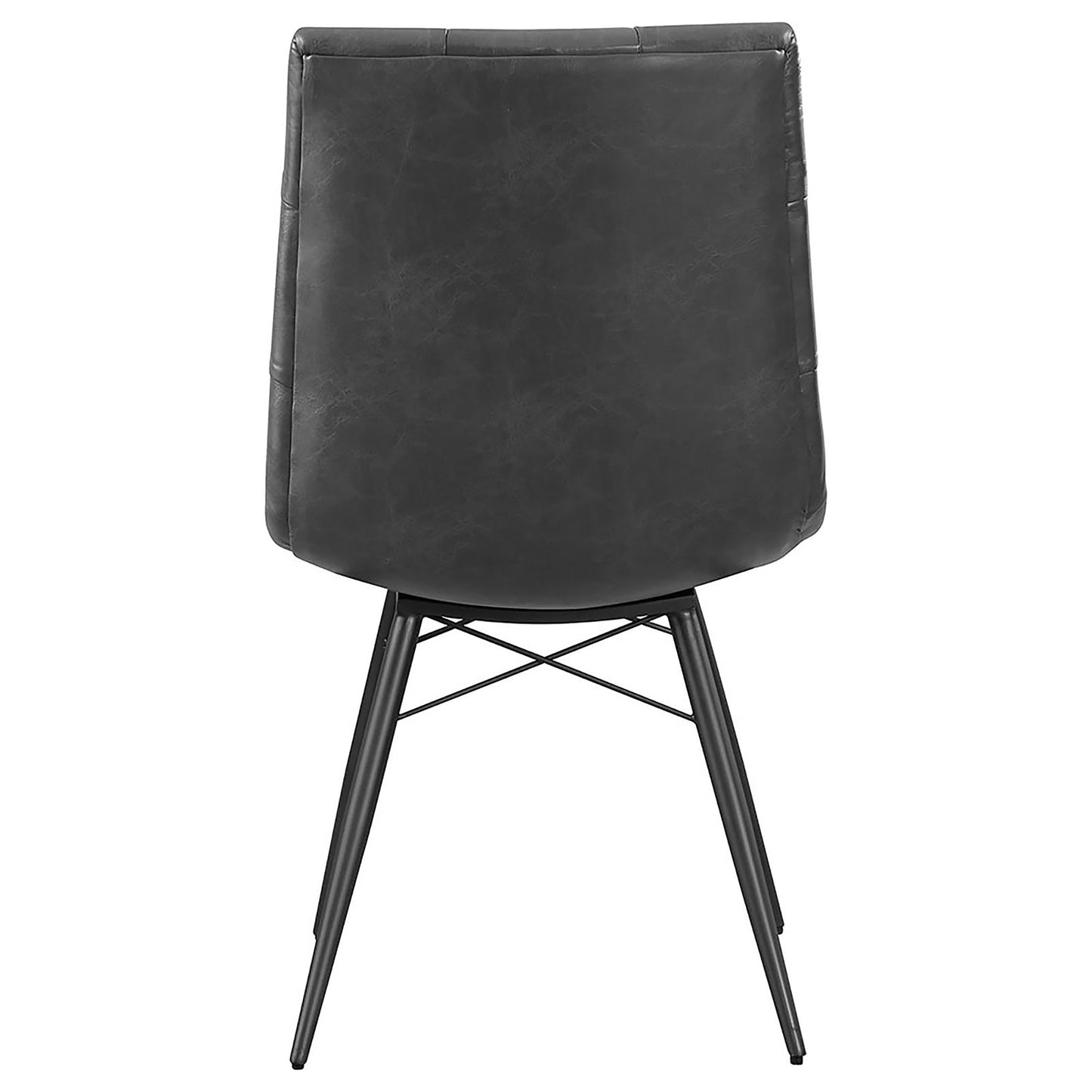 Back view of a dark grey faux leather dining chair with quilted back and black metal legs