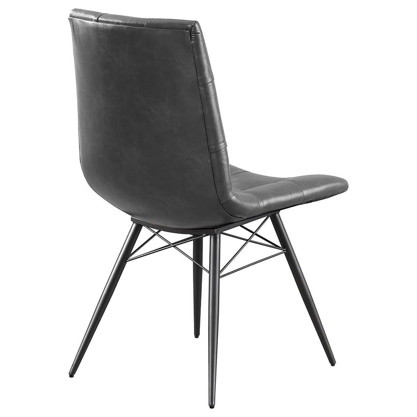 Dark gray faux leather dining chair with black metal legs and stitched back detail