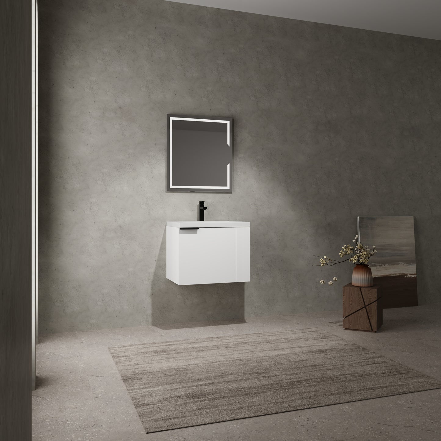 Modern white wallmounted vanity with integrated sink and black faucet minimal design