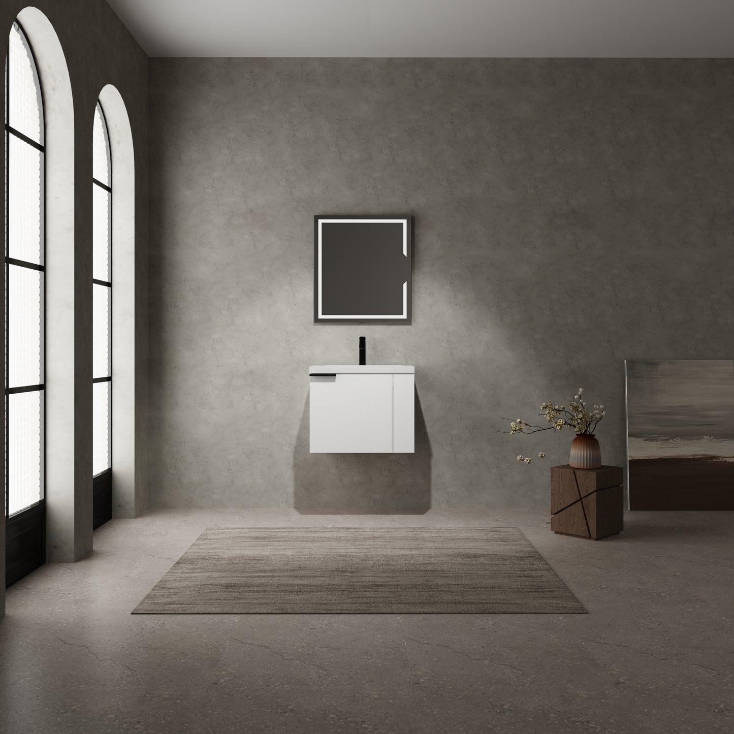 Modern white wallmounted vanity with integrated LED mirror ideal for contemporary bathrooms