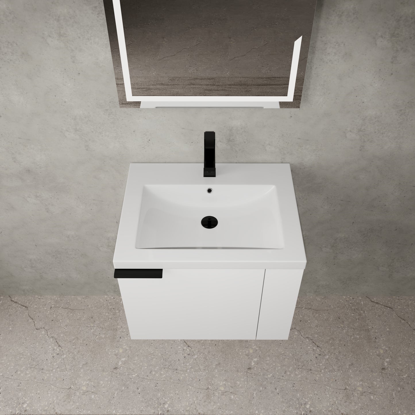 Modern white vanity with a black faucet and integrated sink for a contemporary bathroom