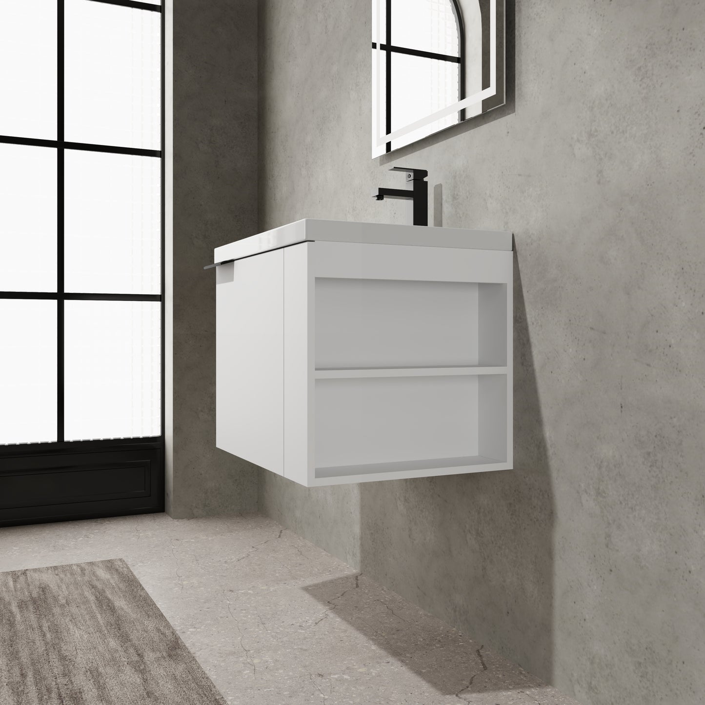 Floating white vanity with open shelving and black faucet in modern bathroom