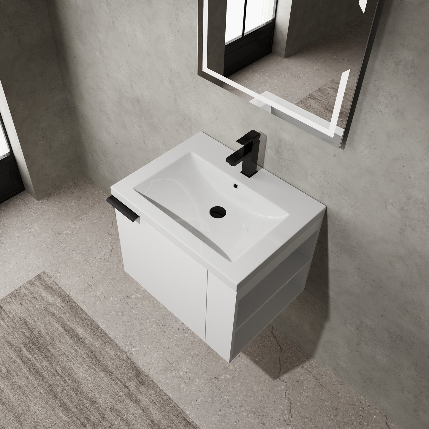 Modern white vanity with sleek black faucet and integrated sink characters