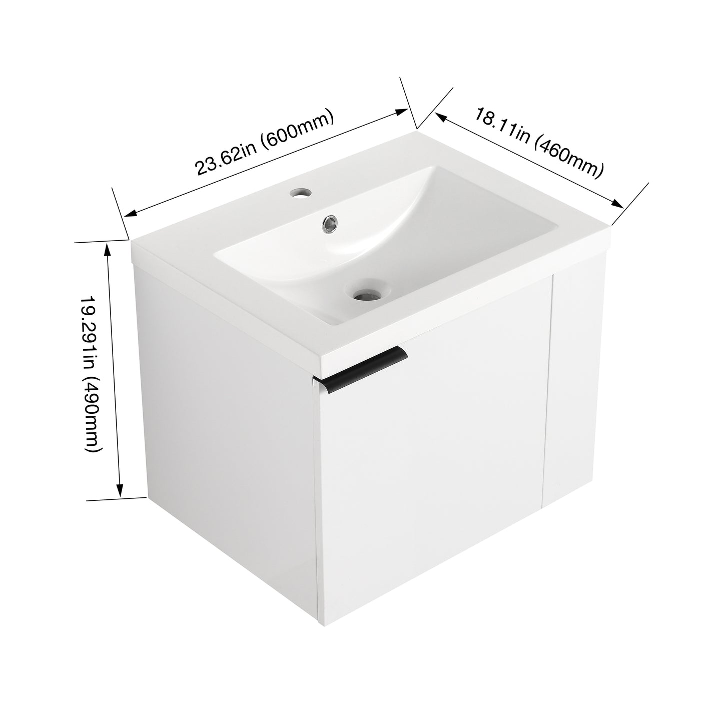 White ceramic wallmount sink vanity with black handle in wide