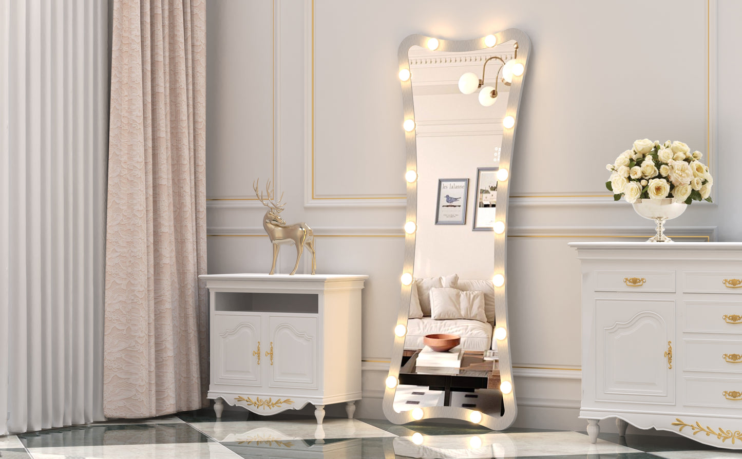 Fulllength Hollywood vanity mirror with lights and elegant curved frame