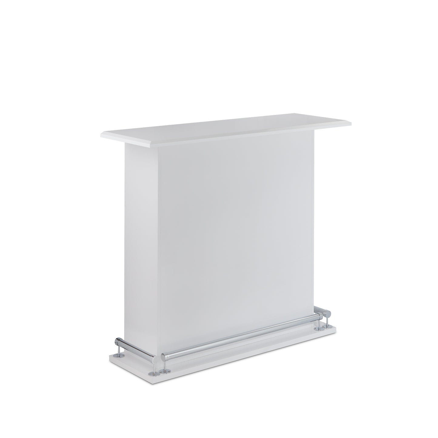 Sleek white modern home bar counter with a polished chrome footrest perfect for entertaining