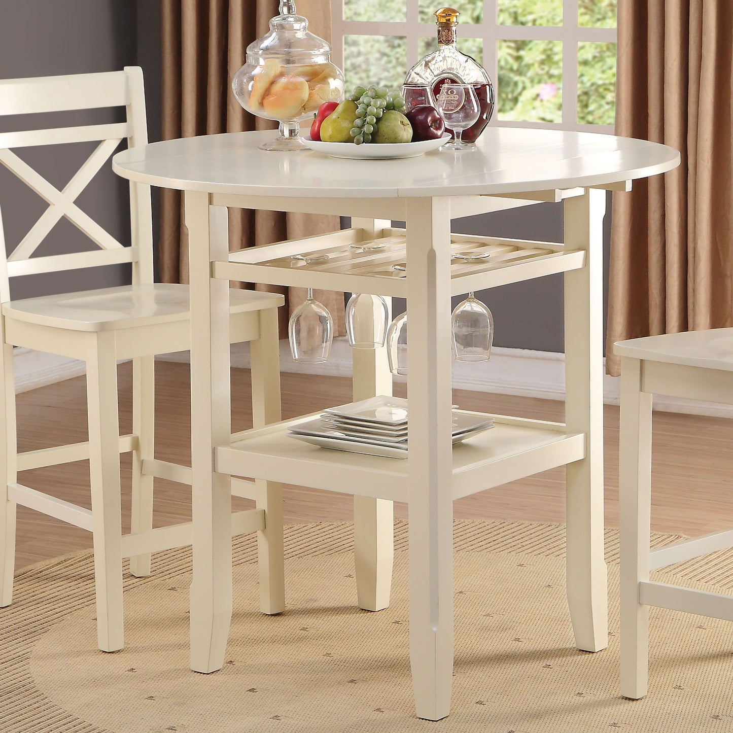 Cream white round counter height dining table with builtin wine glass rack