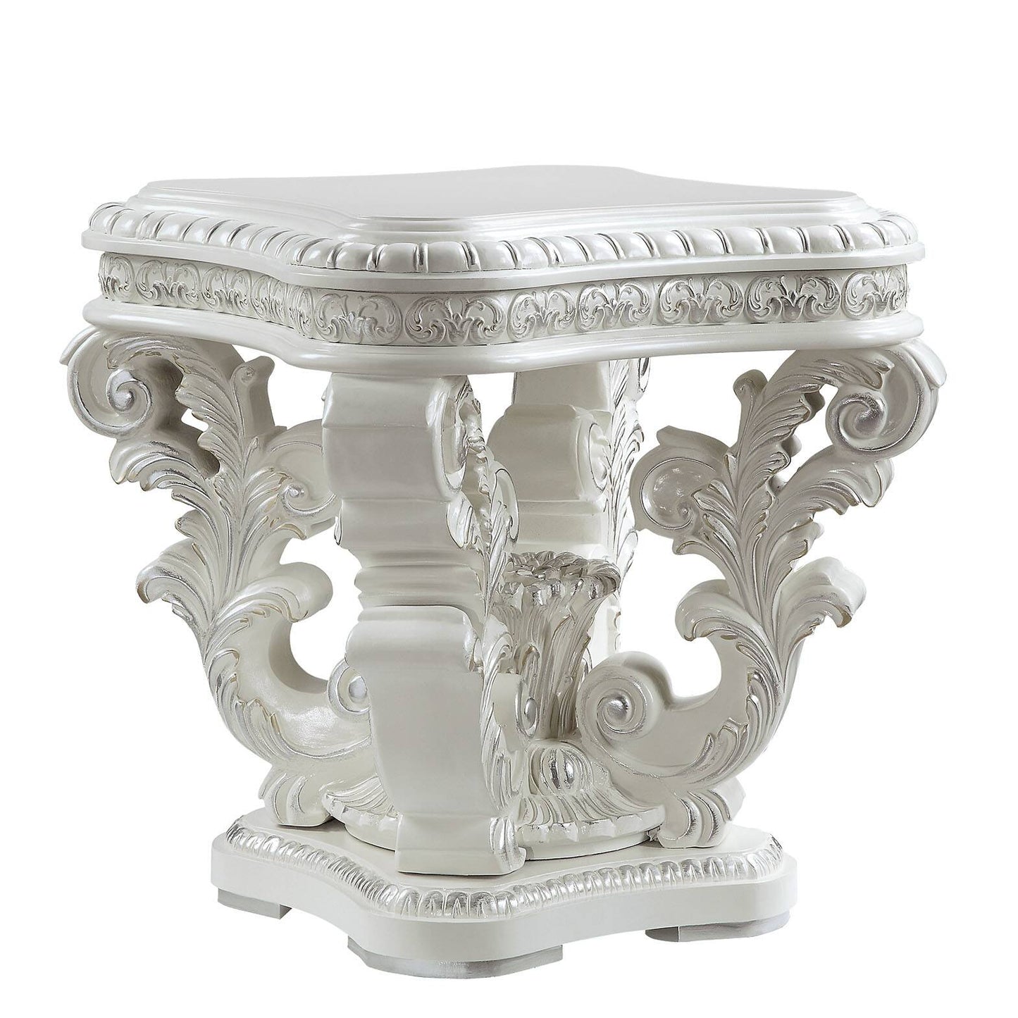 White ornate end table with carved floral accents perfect for a luxurious living room