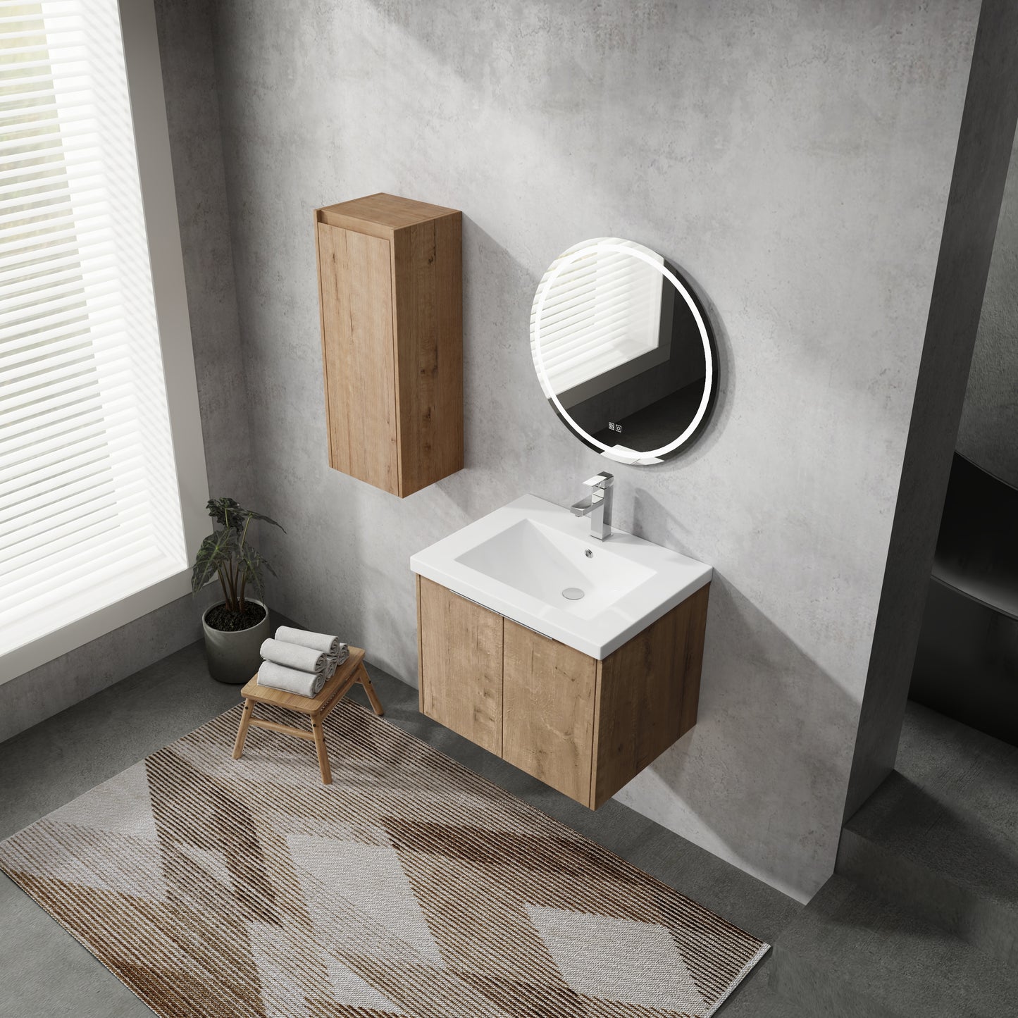 Modern oak vanity cabinet with integrated white sink and chrome faucet