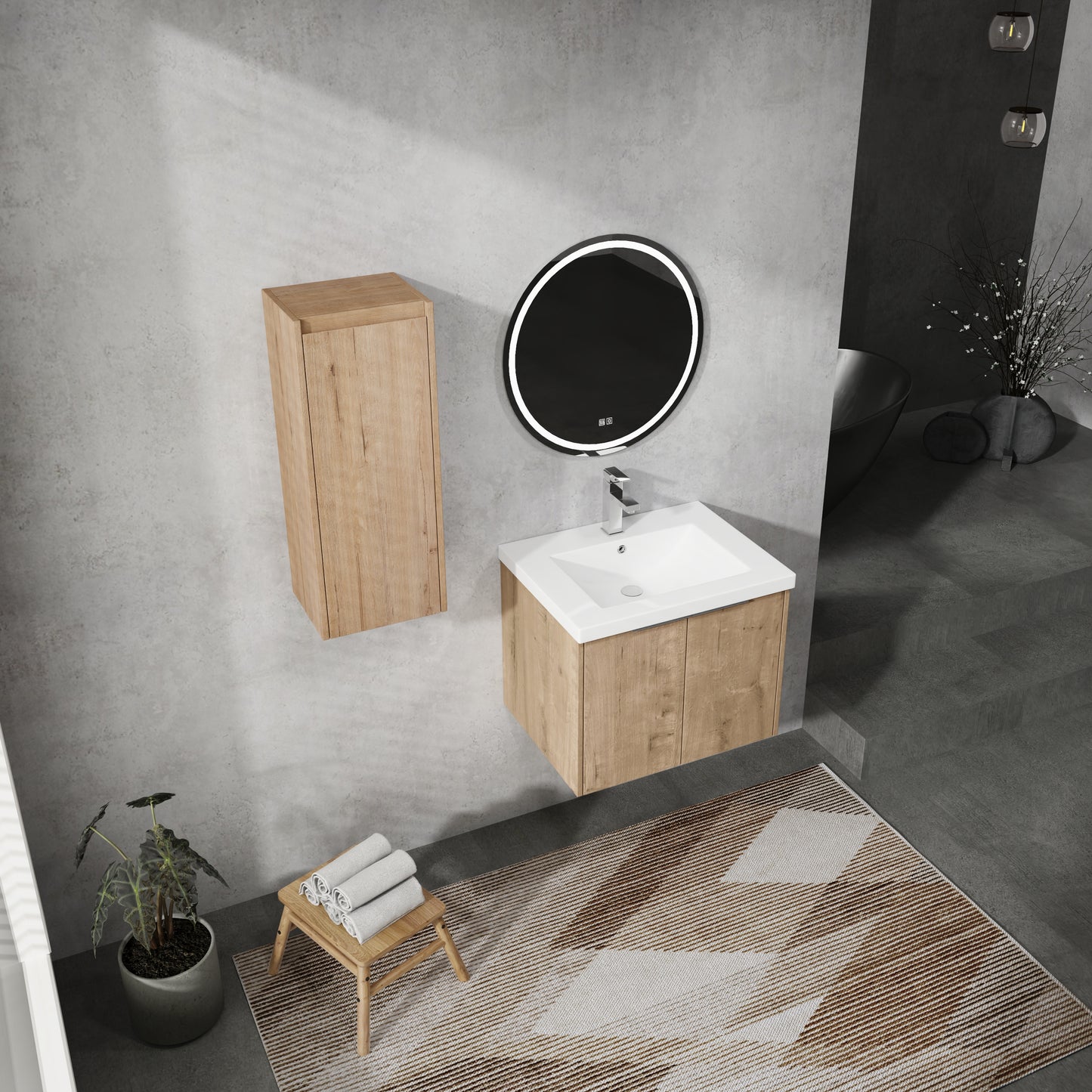 Modern oak vanity with white sink and chrome faucet in a minimalist bathroom