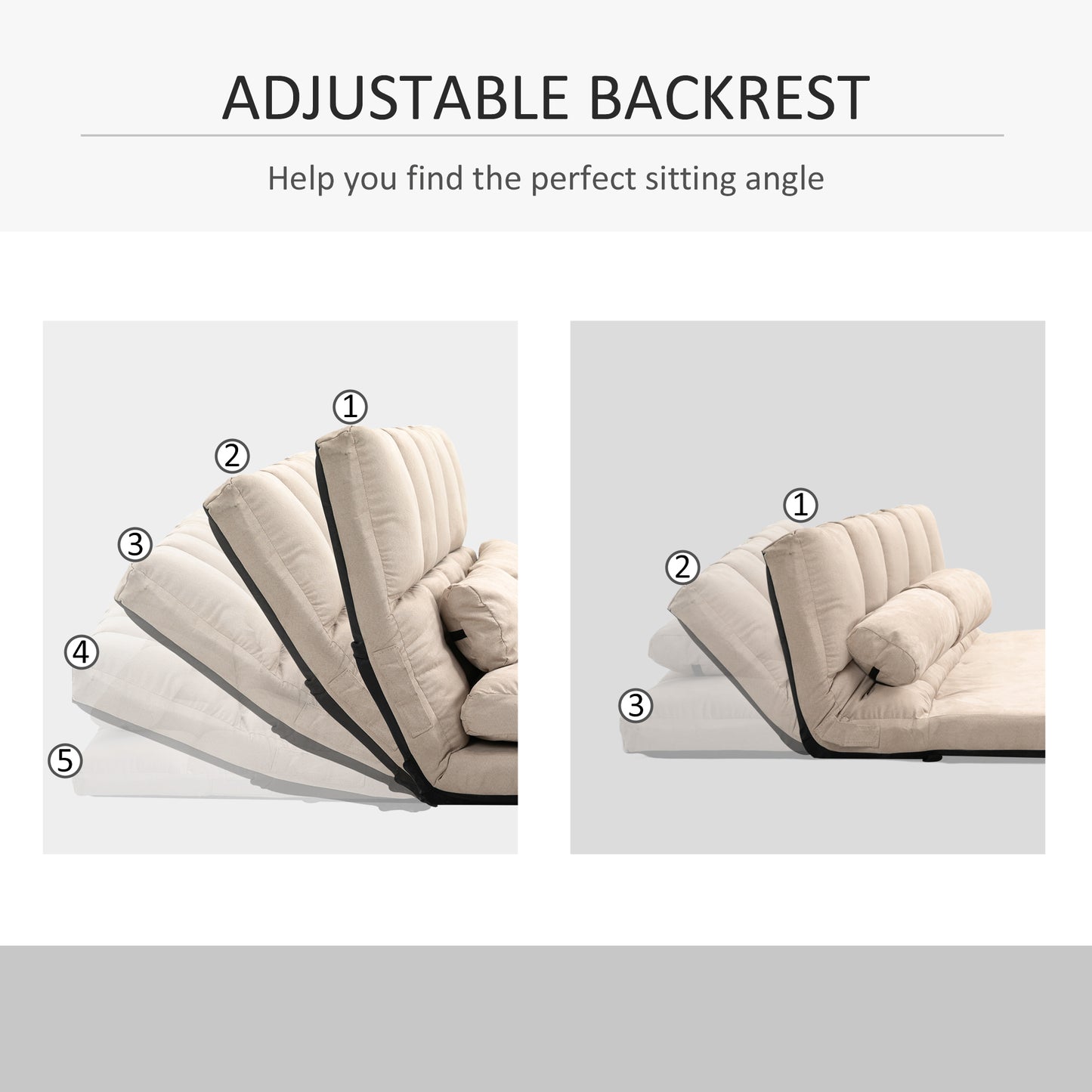 Cream linen futon sofa demonstrating five adjustable backrest positions