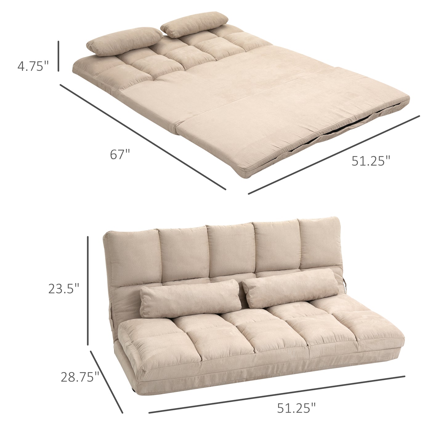 Beige convertible sofa bed plush fabric tufted cushions two bolster pillows