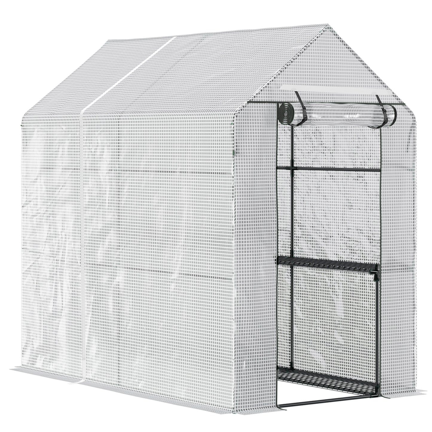 White mesh greenhouse with rollup door for outdoor gardening