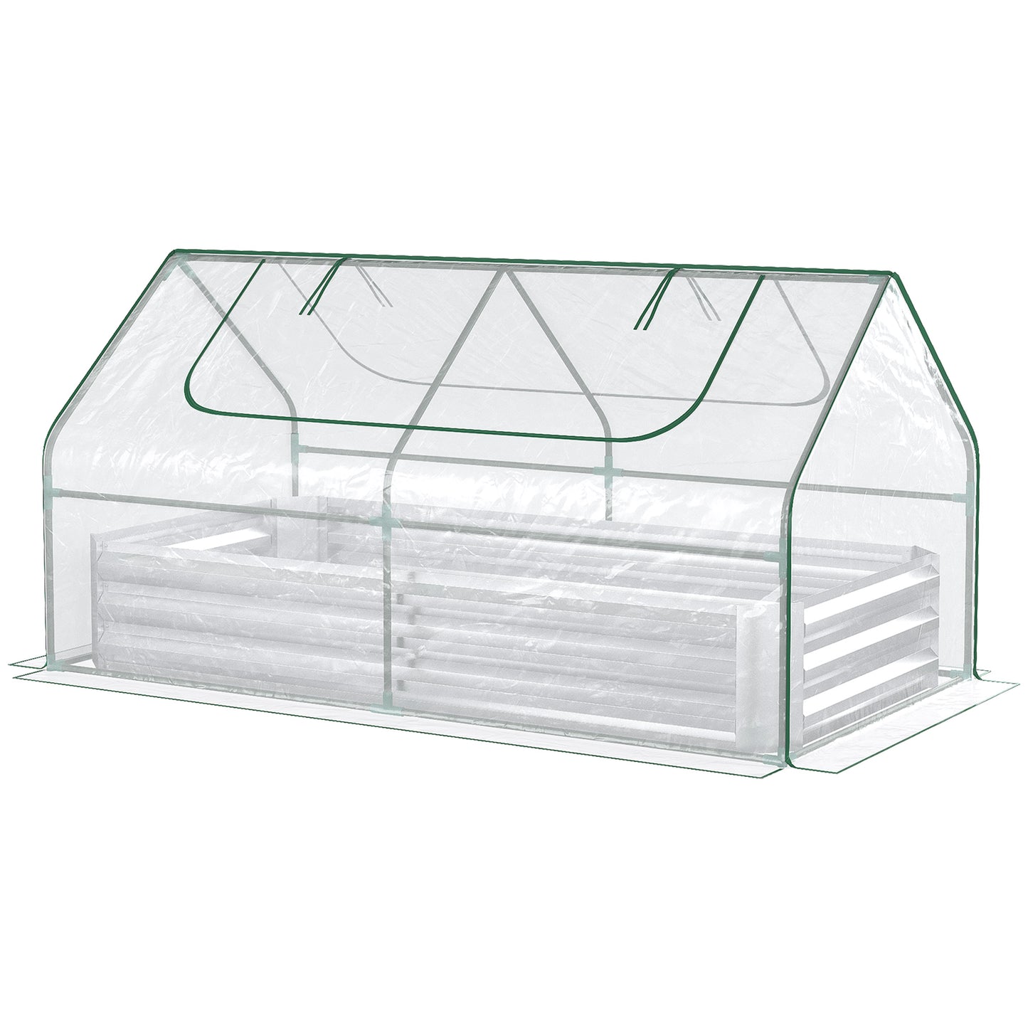 Transparent greenhouse cover with raised garden bed white metal frame
