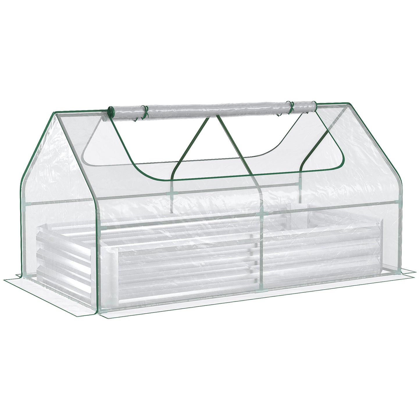 Clear PVC mini greenhouse with green trim protecting a raised garden bed