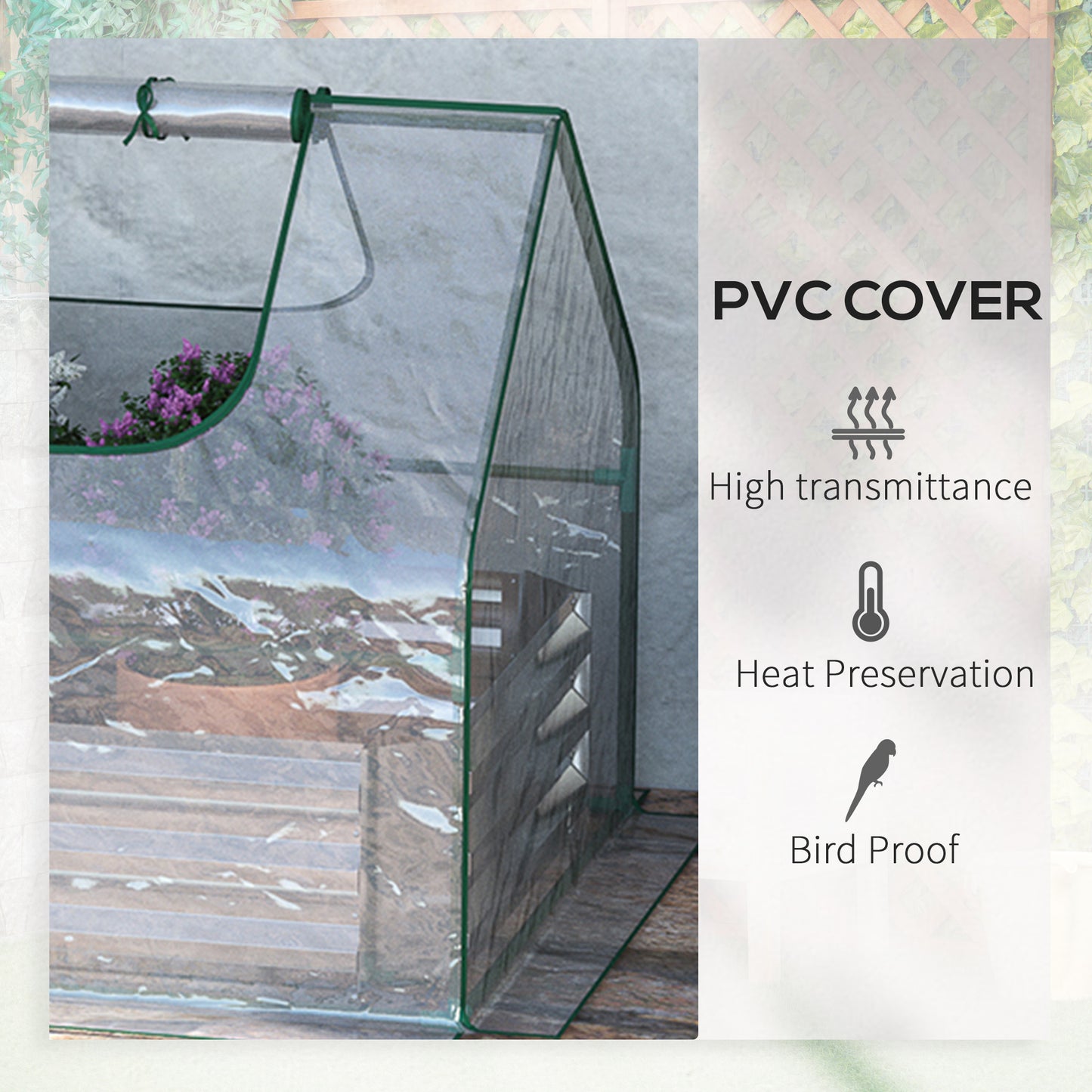 Clear PVC greenhouse cover with purple flowers and mountain reflection