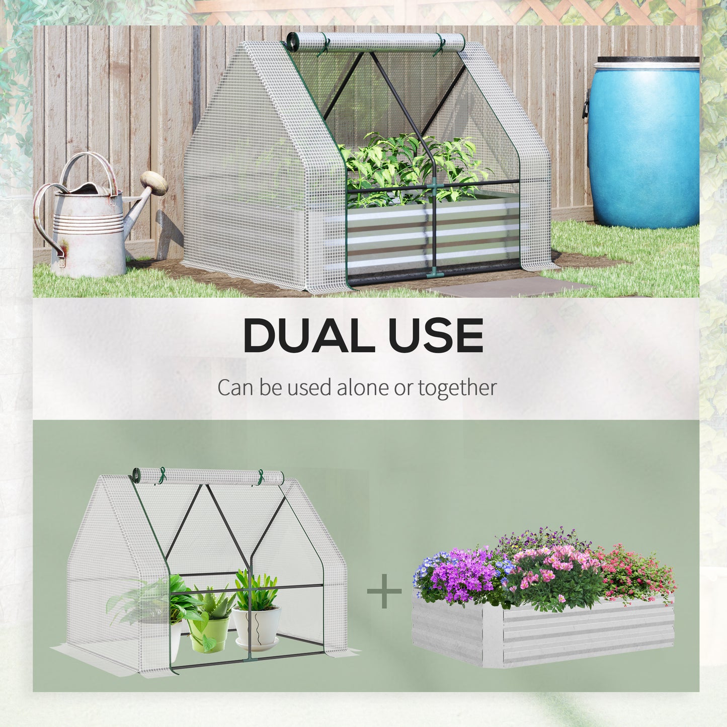 White mini greenhouse with plants inside on a metal raised bed garden