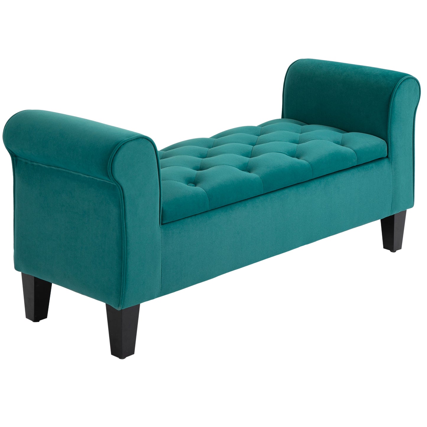Teal velvet storage bench with button tufting and rolled arms perfect for entryway seating