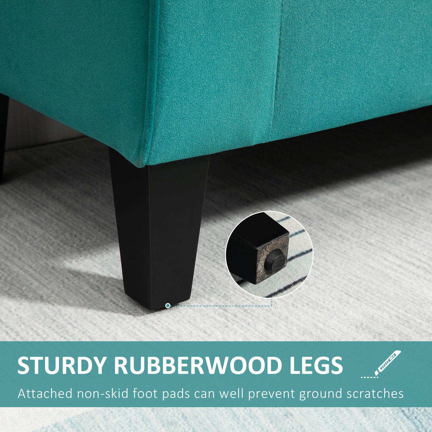 Teal fabric sofa detail showing sturdy black rubberwood legs with protective foot pads