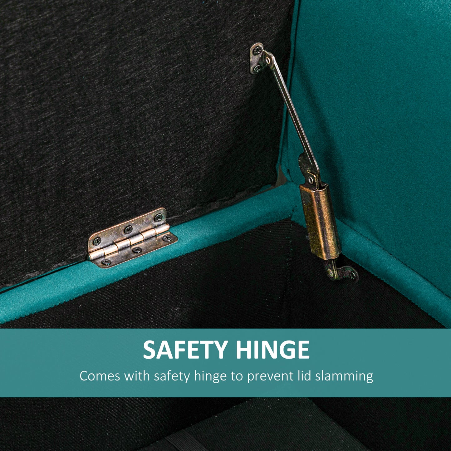 Teal storage ottoman with softclose safety hinge for lid