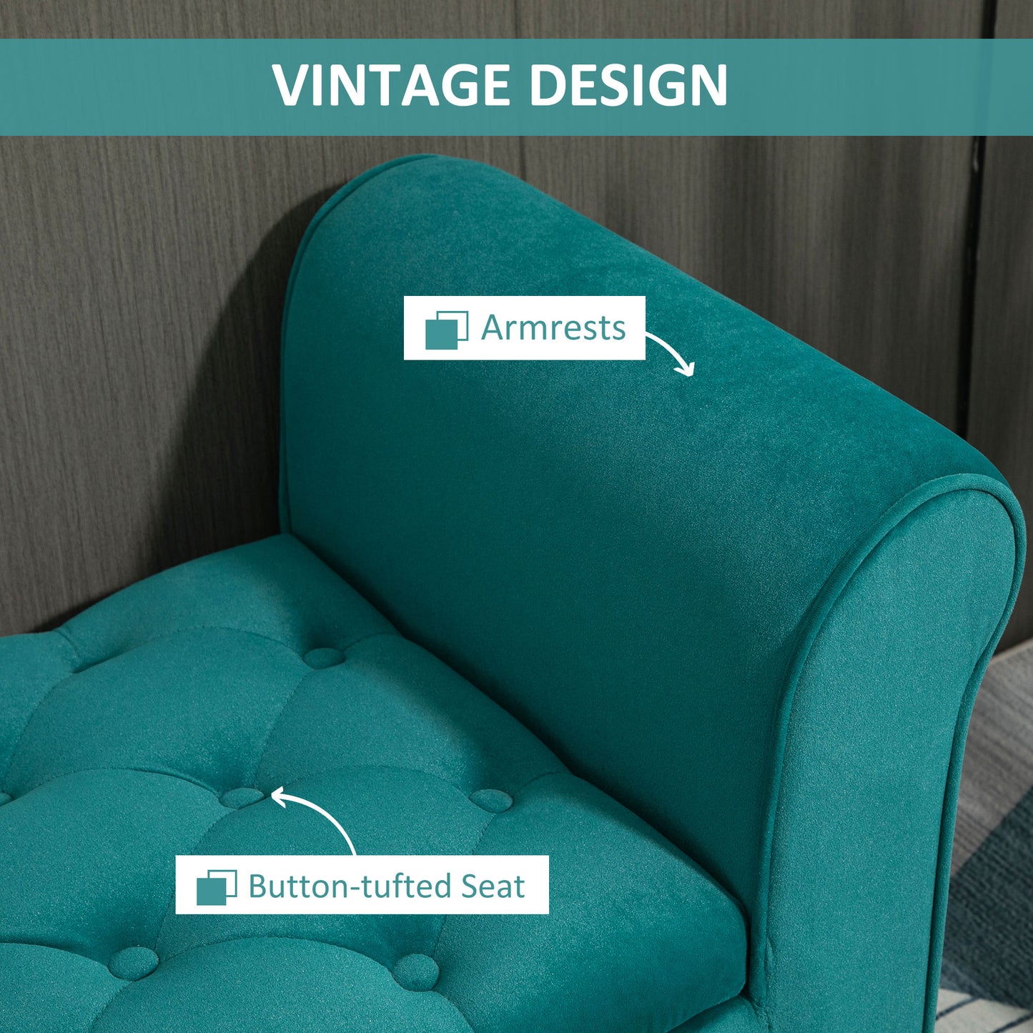 Teal velvet armchair with buttontufted seat detail