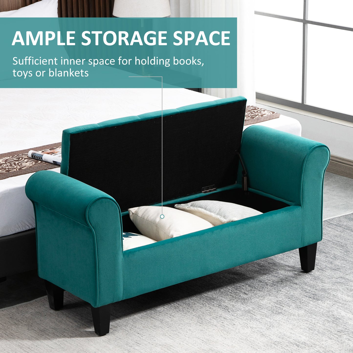 Teal velvet storage bench with lid open revealing interior space and pillows