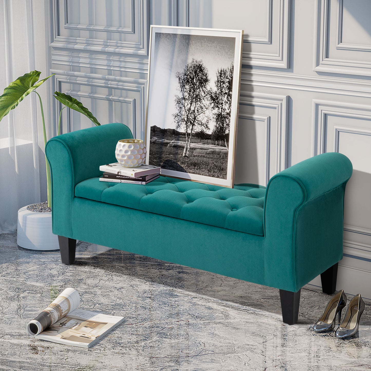 Teal velvet storage bench with tufted seat and rolled arms