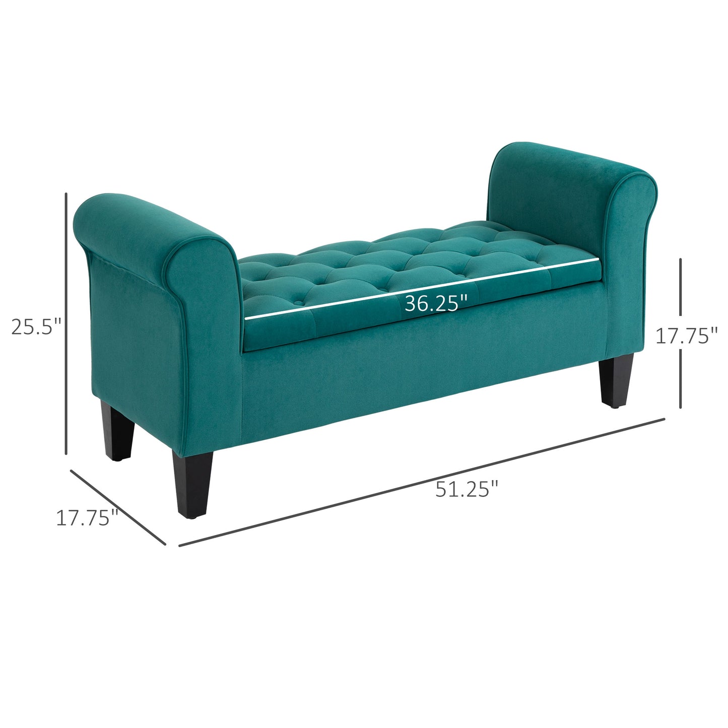 Teal velvet storage bench with tufted seat and rolled arms perfect for entryway