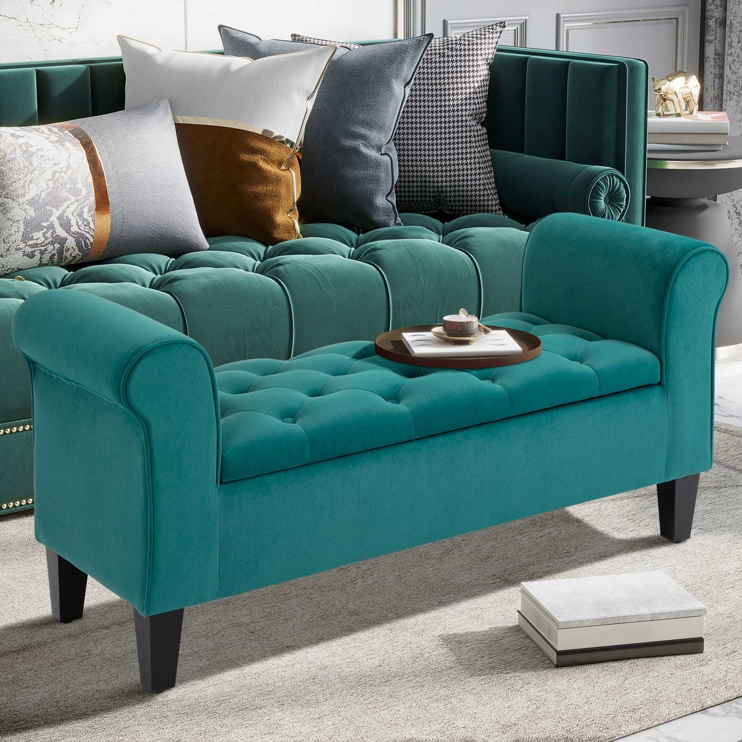 Turquoise velvet storage bench with button tufting and rolled arms for entryway storage