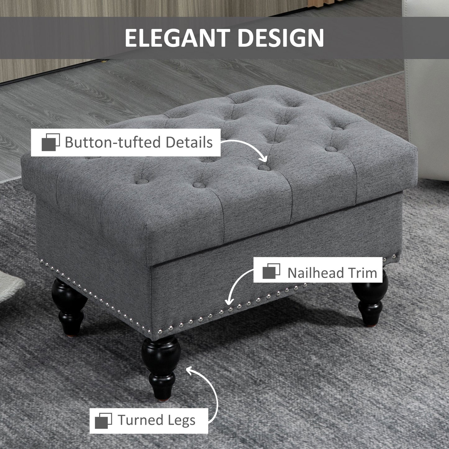 Grey fabric ottoman with buttontufted top and nailhead trim detailing