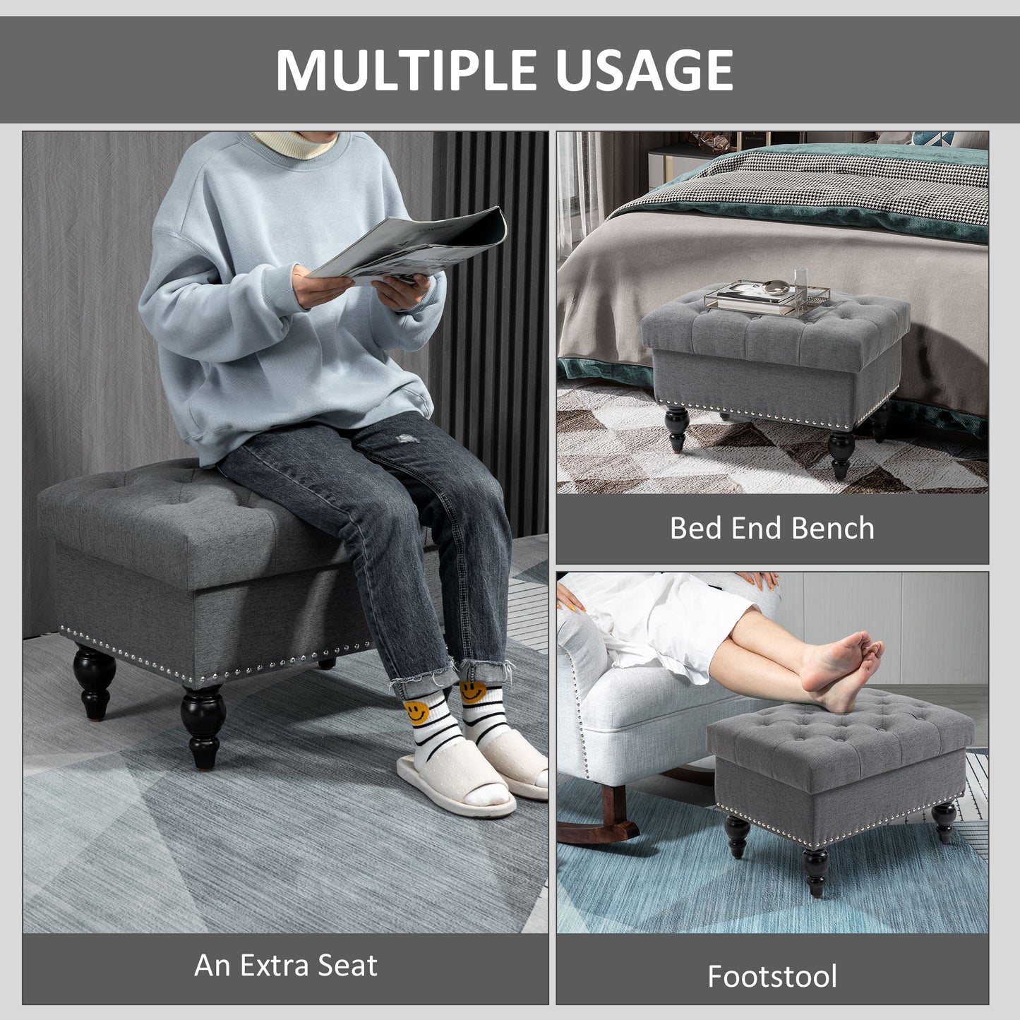 Grey upholstered storage ottoman with tufted top and silver nailhead trim