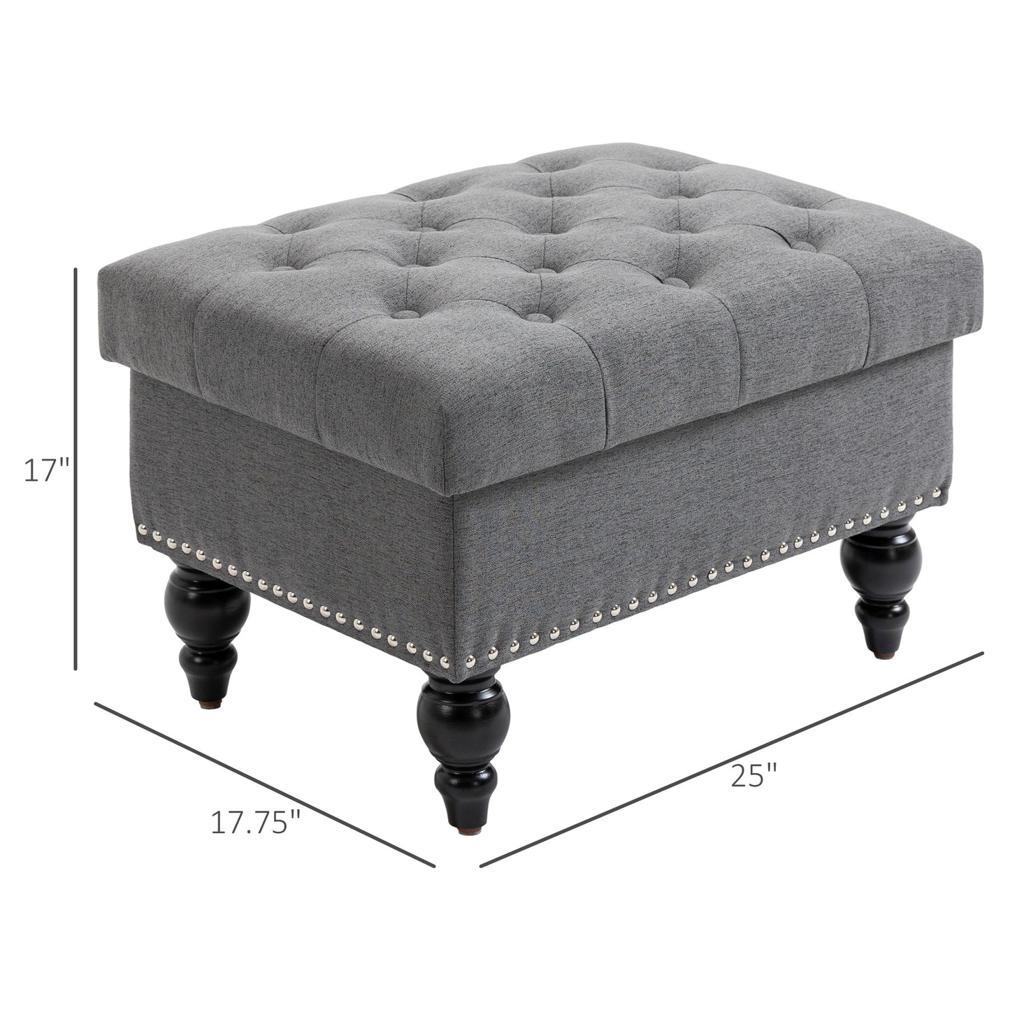 Grey fabric tufted ottoman with silver nailhead trim and turned legs