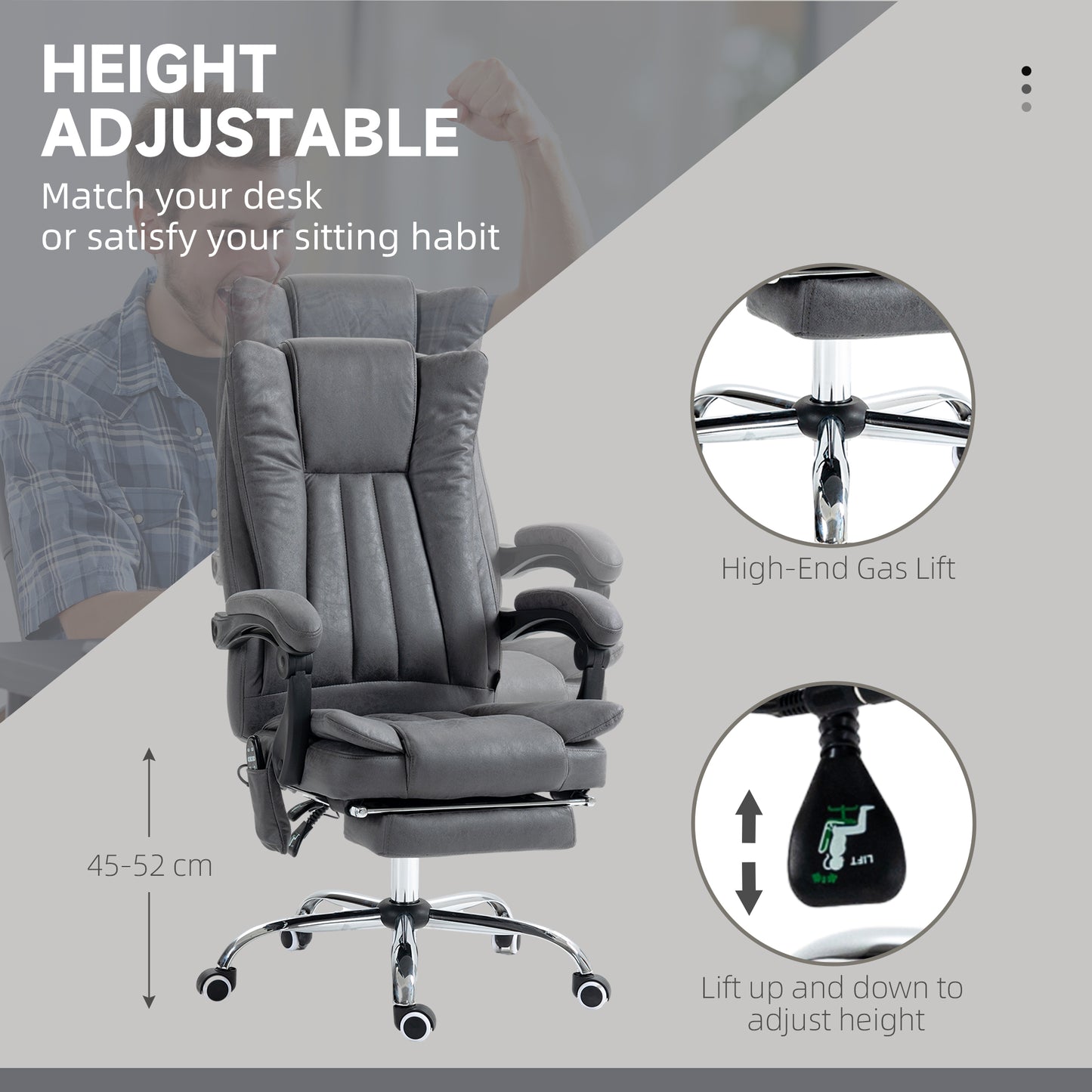 Grey executive ergonomic office chair with adjustable height and footrest