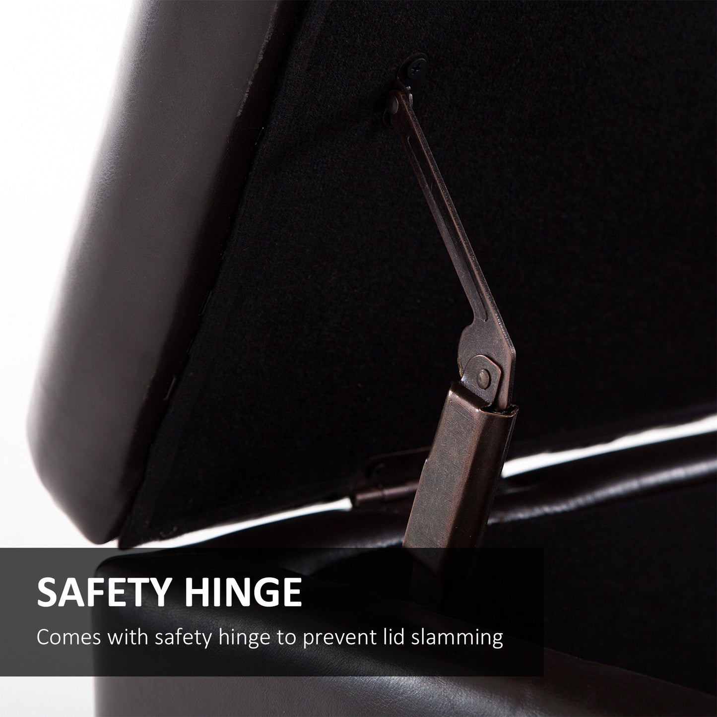 Brown leather ottoman storage with durable safety hinge mechanism