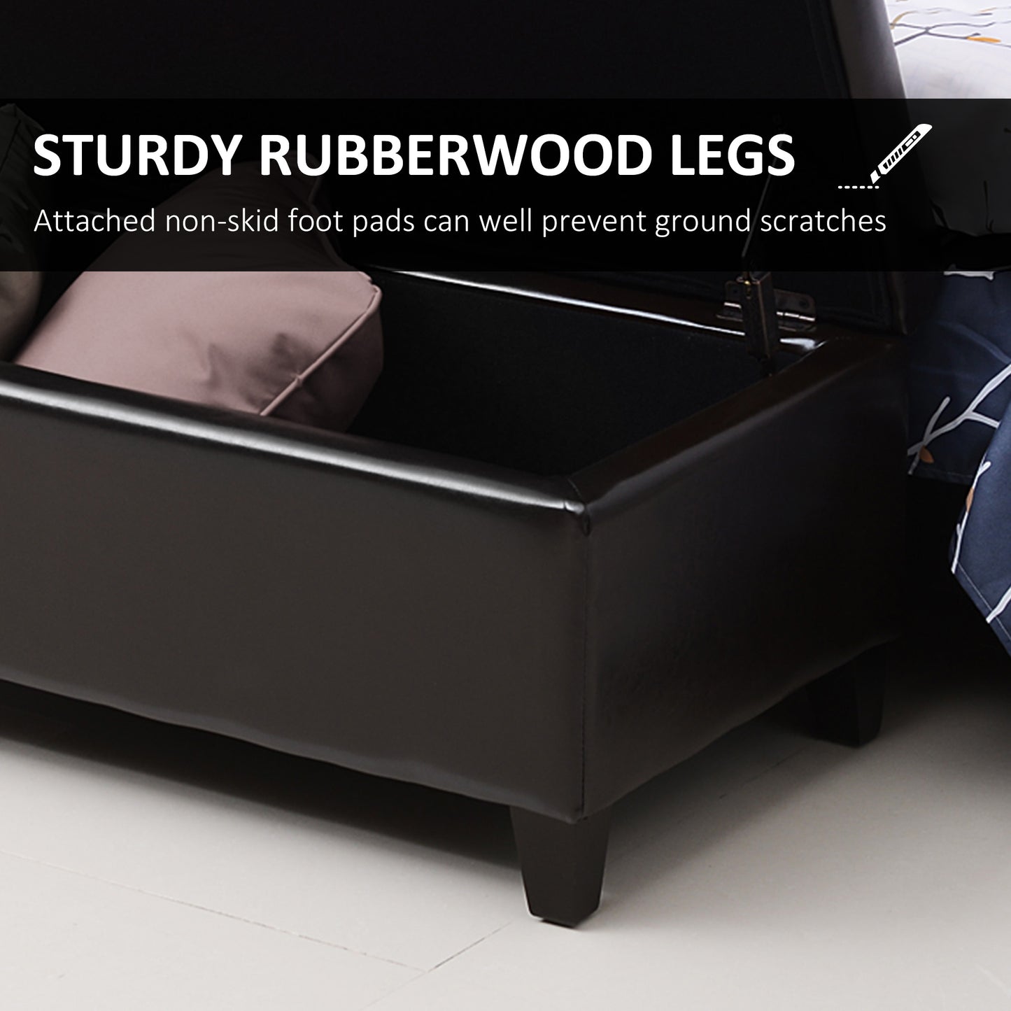Dark brown faux leather storage ottoman with sturdy rubberwood legs and nonslip foot pads