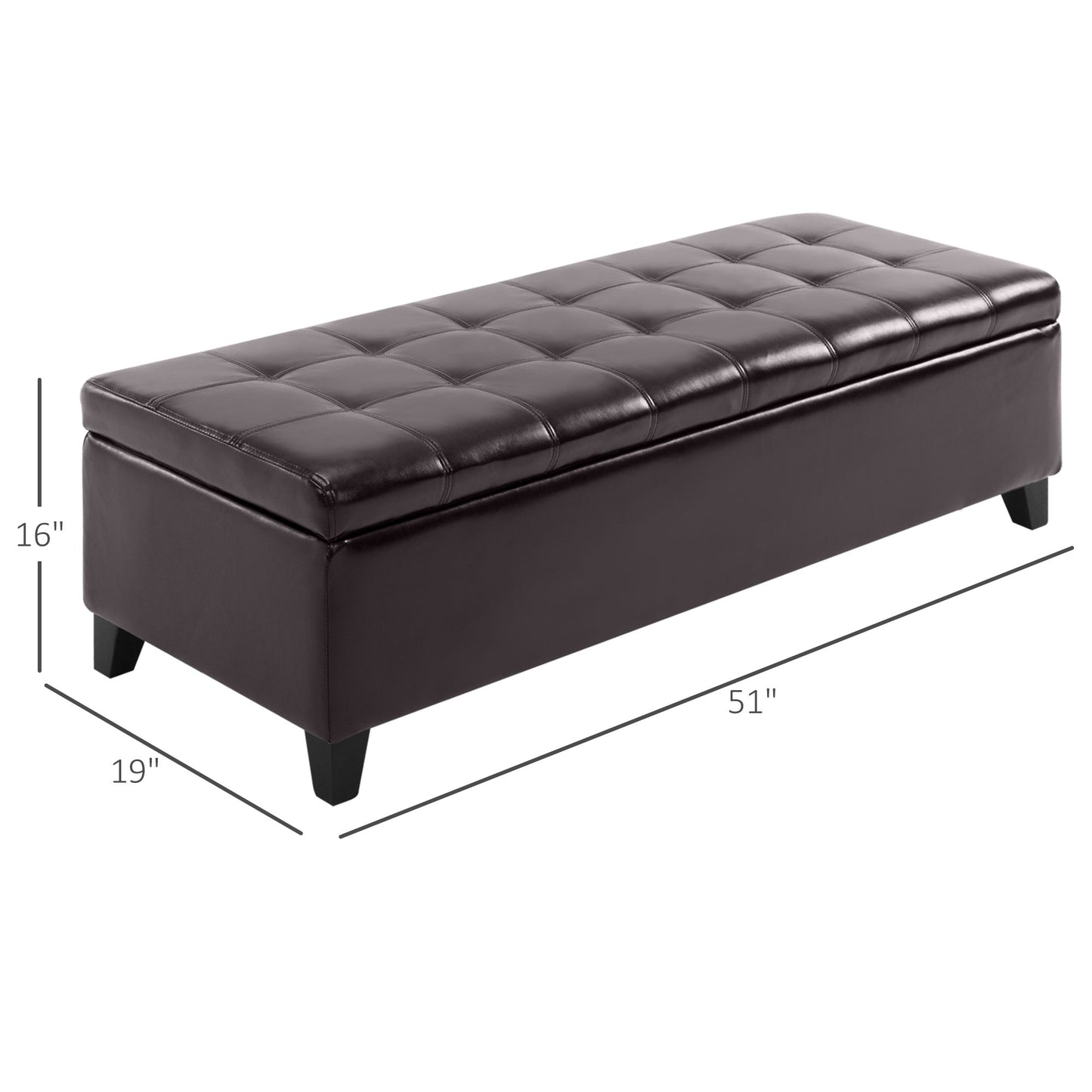 Tufted dark brown faux leather storage ottoman bench with tapered legs