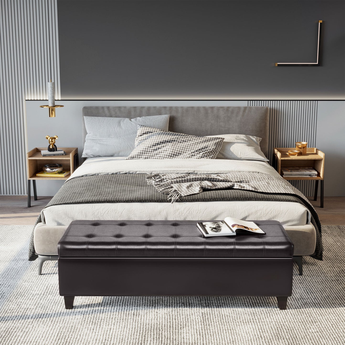 Dark brown faux leather storage ottoman with tufted top and wooden legs