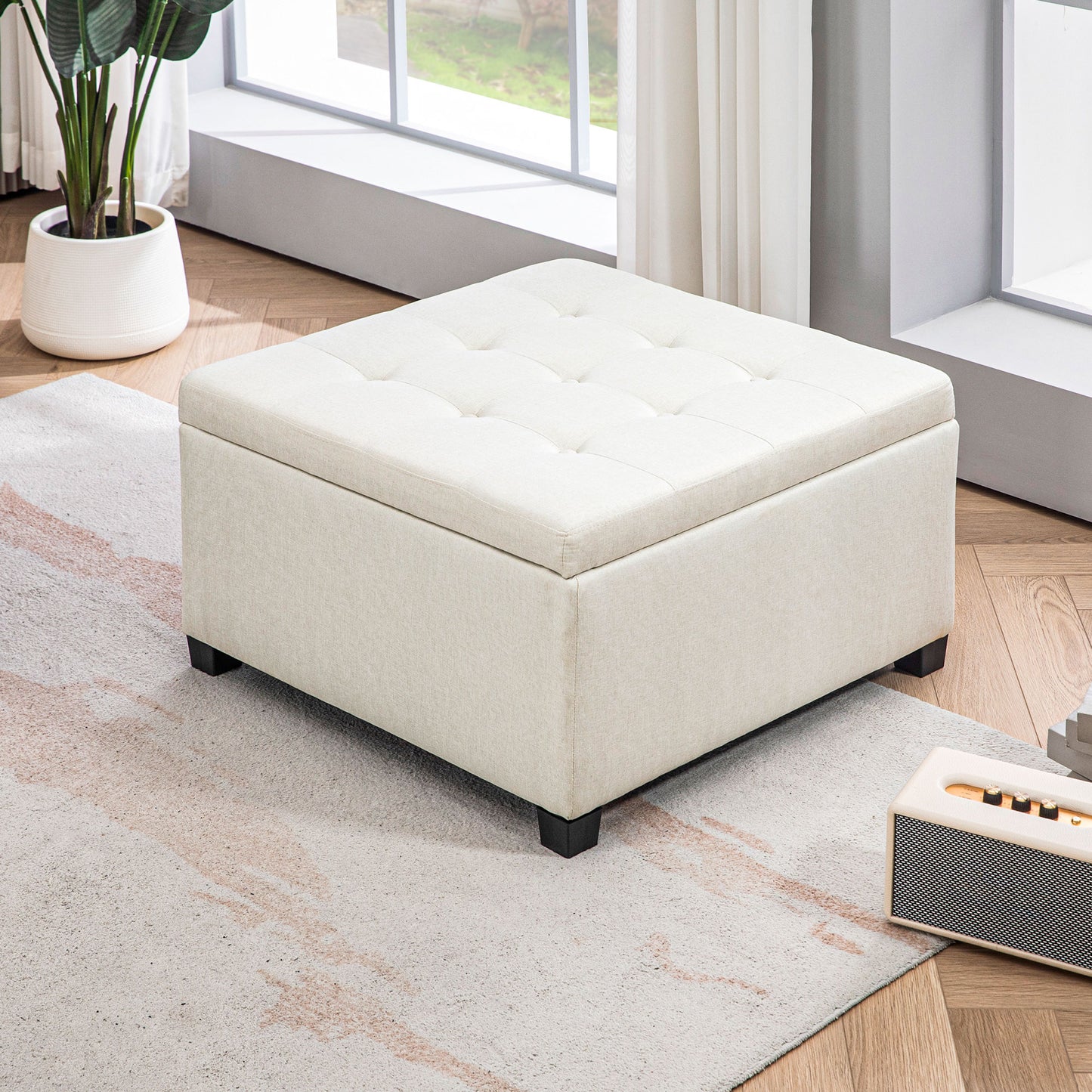 Tufted linen storage ottoman in cream perfect for living rooms seeking comfort and organization