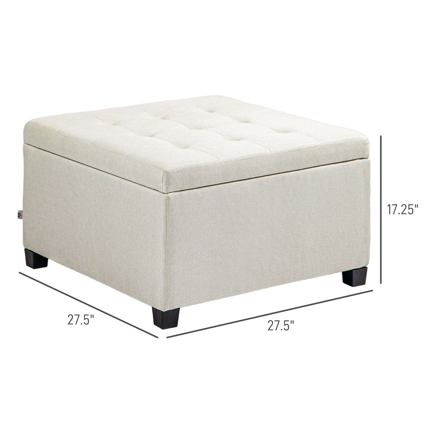Tufted beige fabric storage ottoman with dark wood legs x x