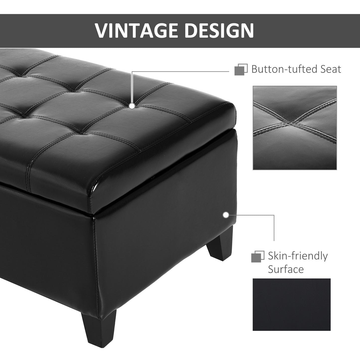 Black faux leather storage ottoman with buttontufted seat and tapered legs