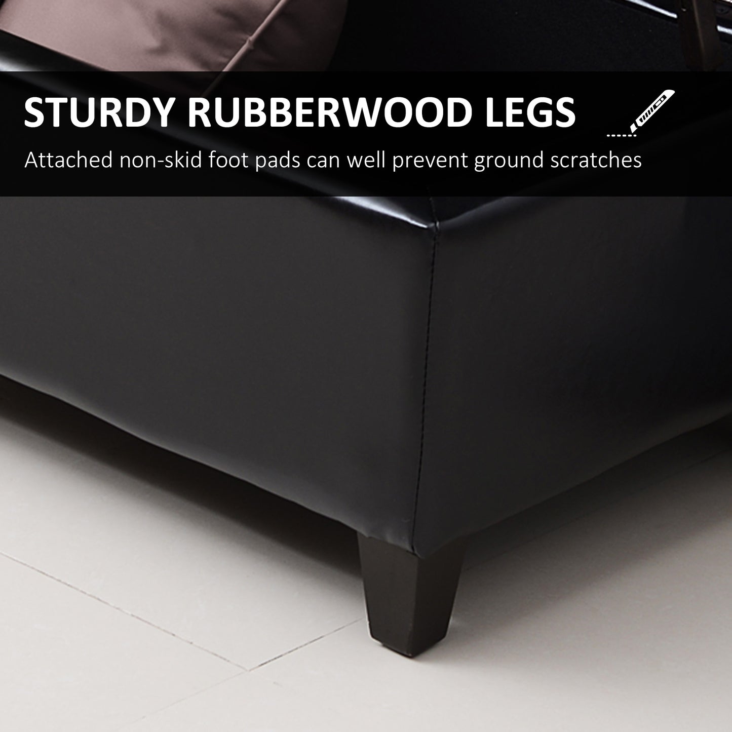 Black faux leather ottoman with sturdy rubberwood legs