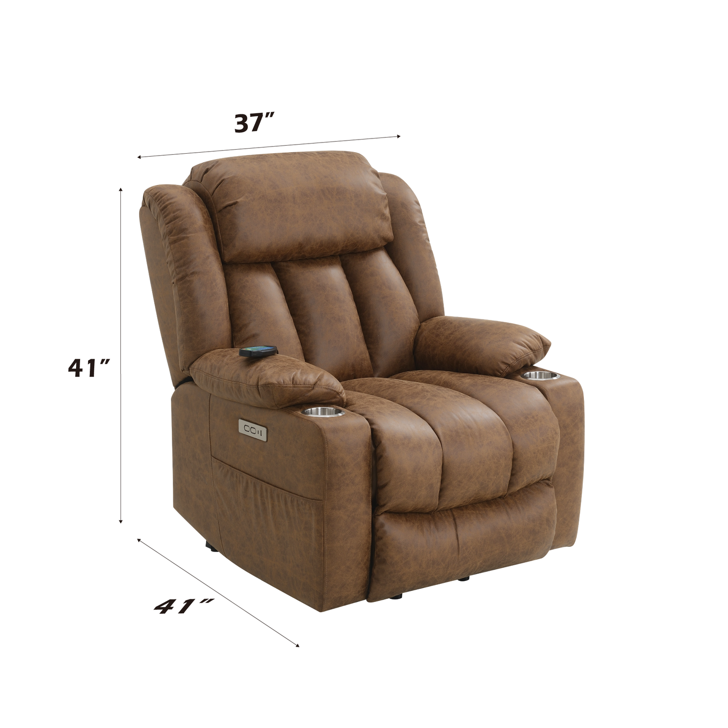 Brown leather power recliner with cup holders and remote