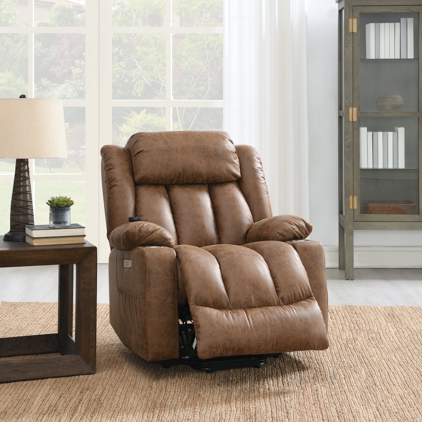 Brown faux leather power recliner with padded headrest and footrest perfect for home relaxation