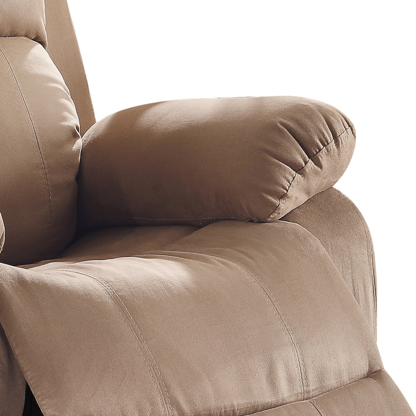 Closeup of a plush tan microfiber reclining chair armrest with detailed stitching