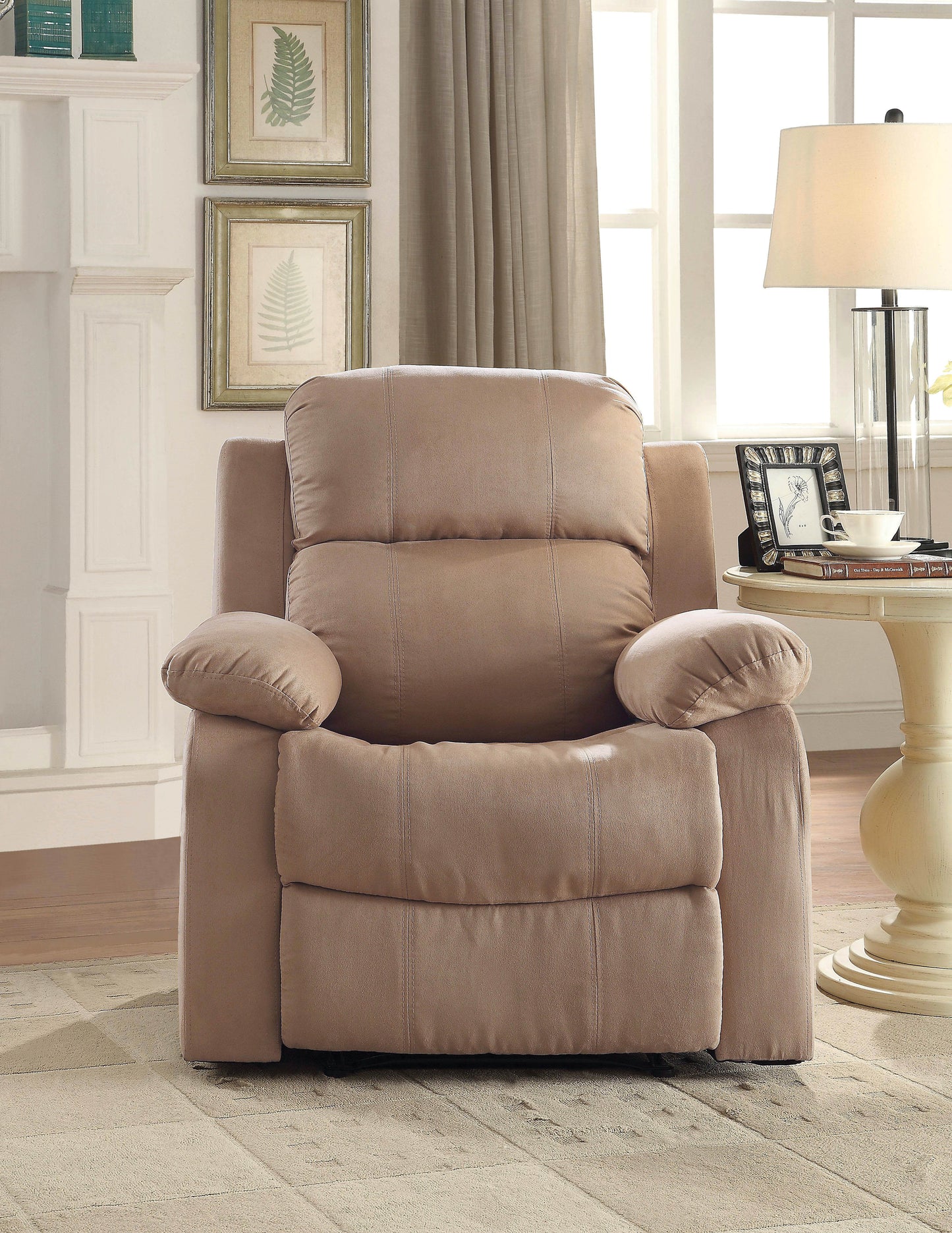 Plush taupe fabric recliner chair with padded arms and footrest perfect for living rooms