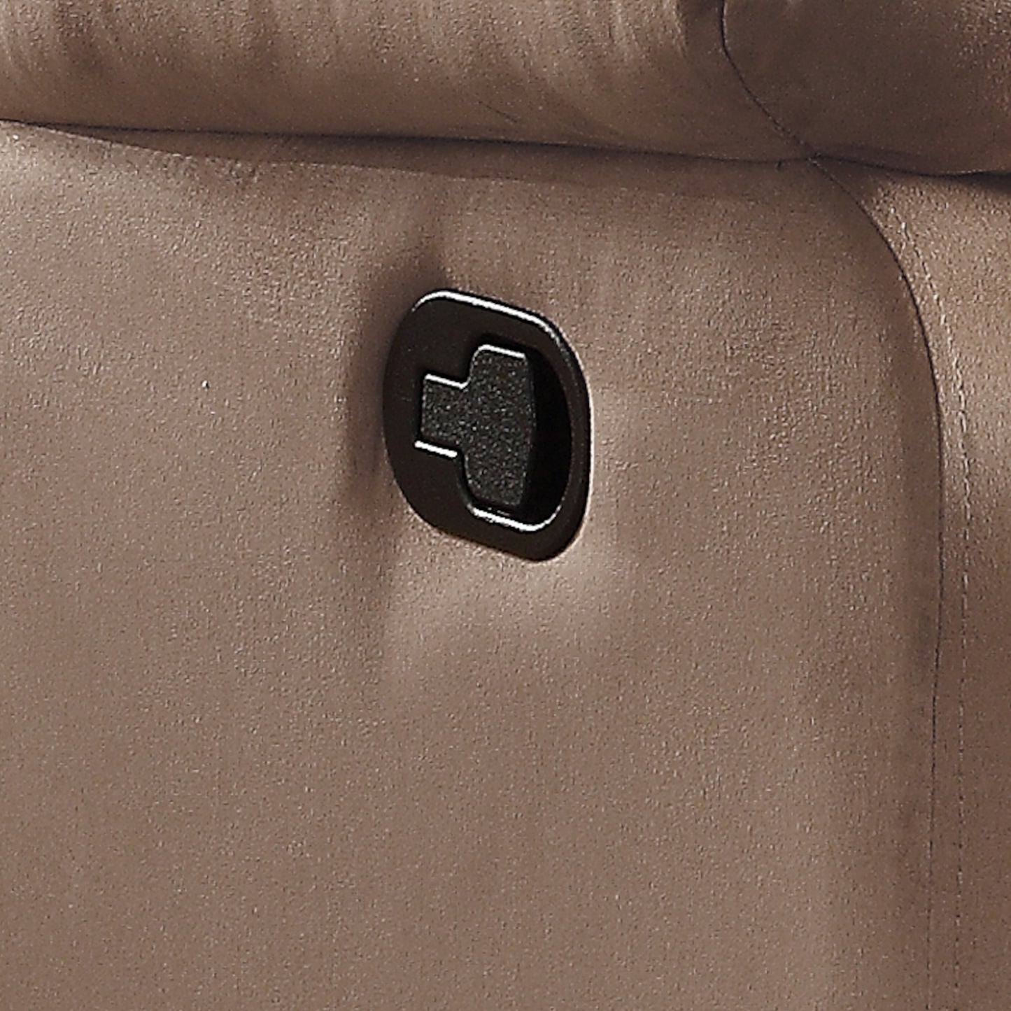 Closeup of a brown recliner lever mechanism on upholstered furniture