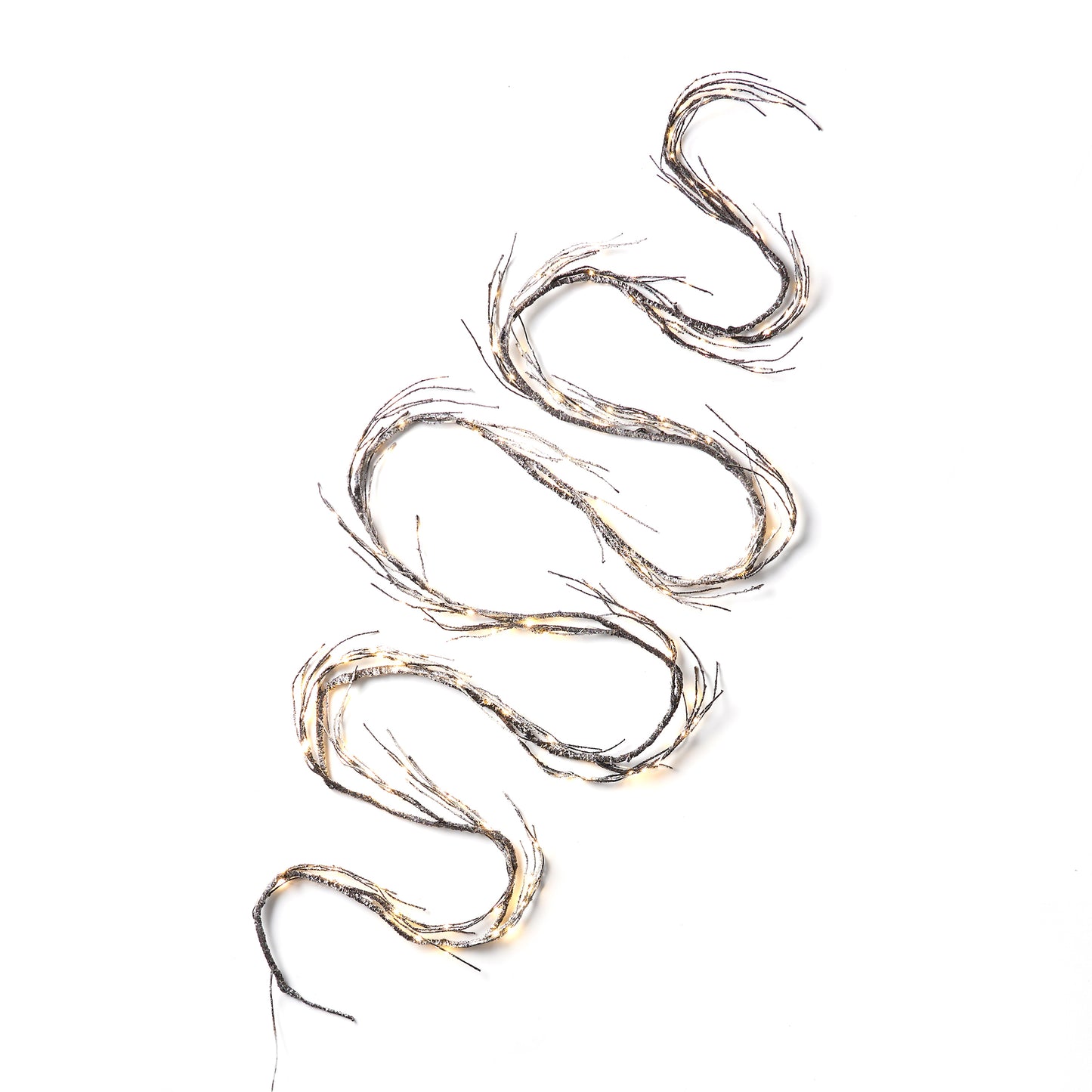 Twisted brown branch lights with warm white LEDs and glitter accents