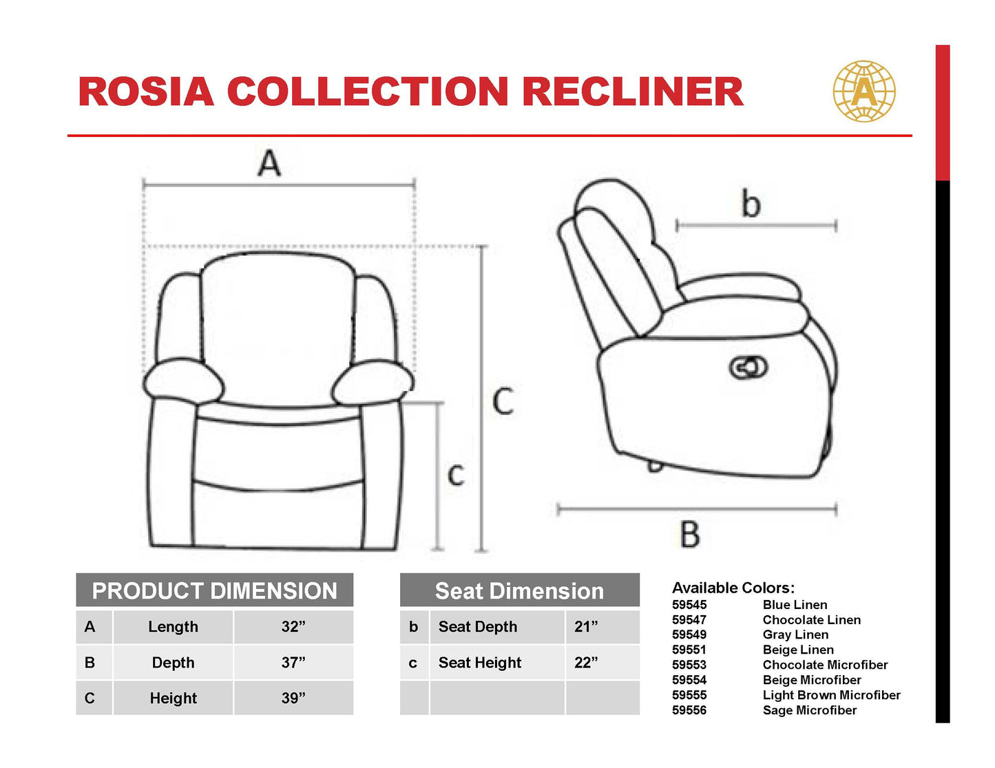 Rosia Collection recliner dimensions diagram showing length depth and height measurements